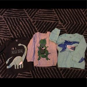 3 long sleeve shirts: dinosaurs, t-rex, shark